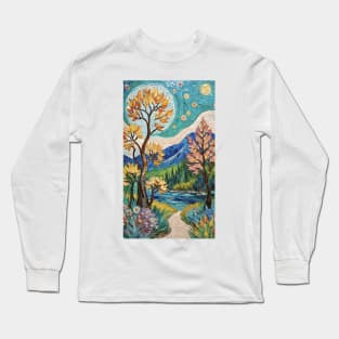 Starry Mosaic Serenity: Van Gogh Inspired Landscape Long Sleeve T-Shirt